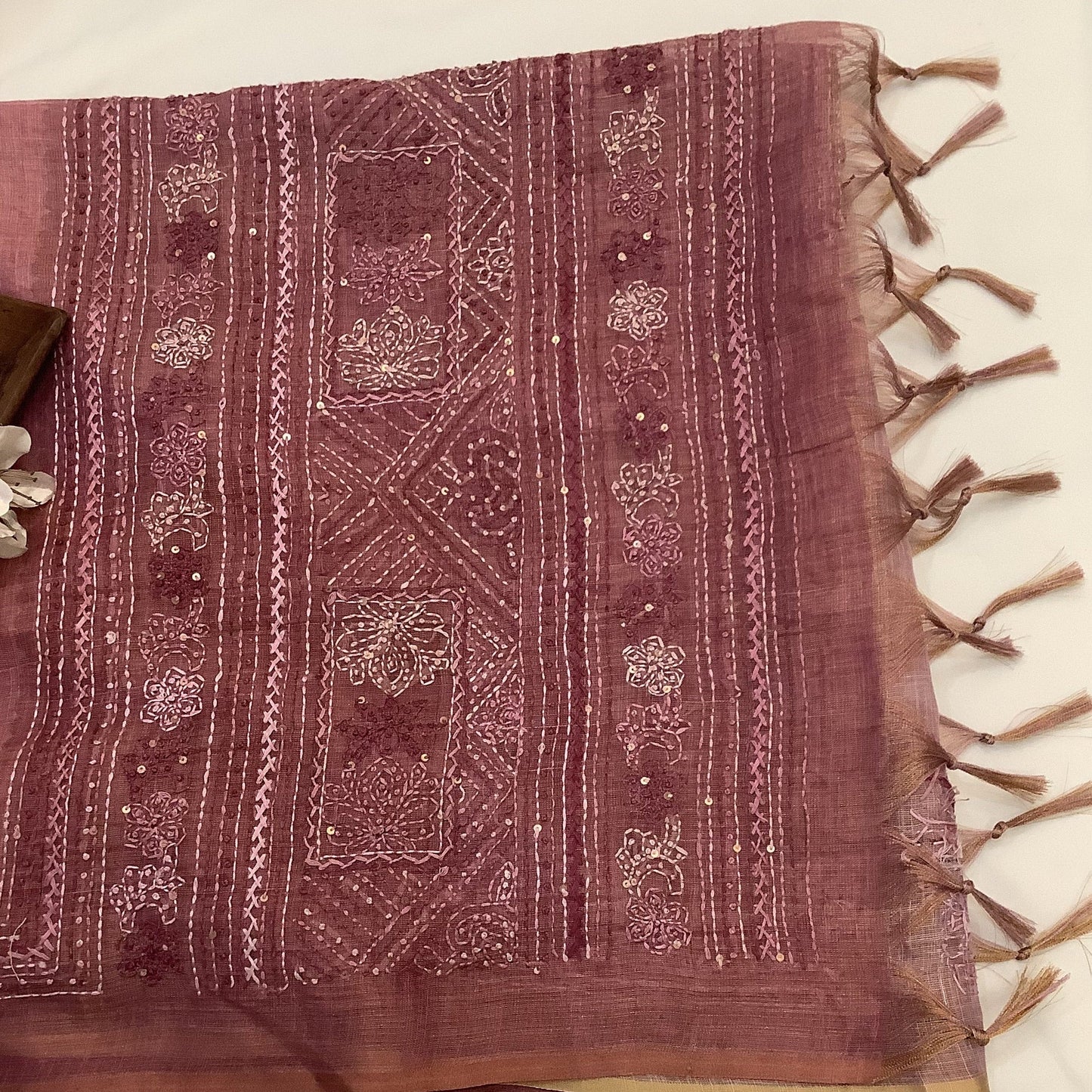Rose Pink Pure Linen Chikankari Saree