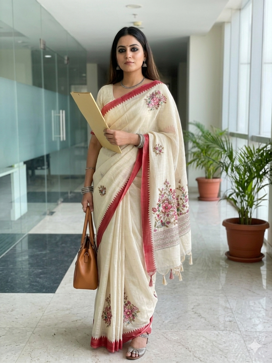 Brick Red Pure Linen Embroided Saree