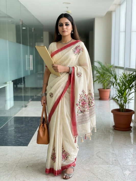 Brick Red Pure Linen Embroided Saree