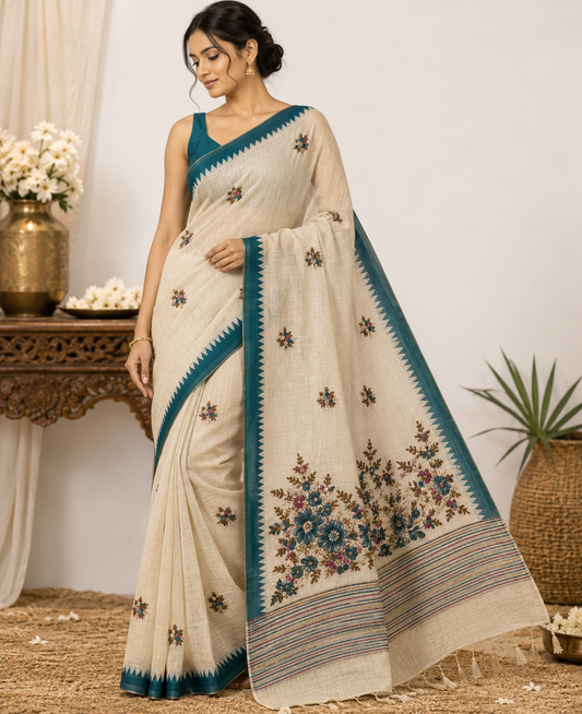 Teal Blue Pure Linen Embroided Saree