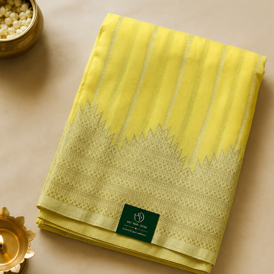 Cream Yellow Temple Border Georgette Saree