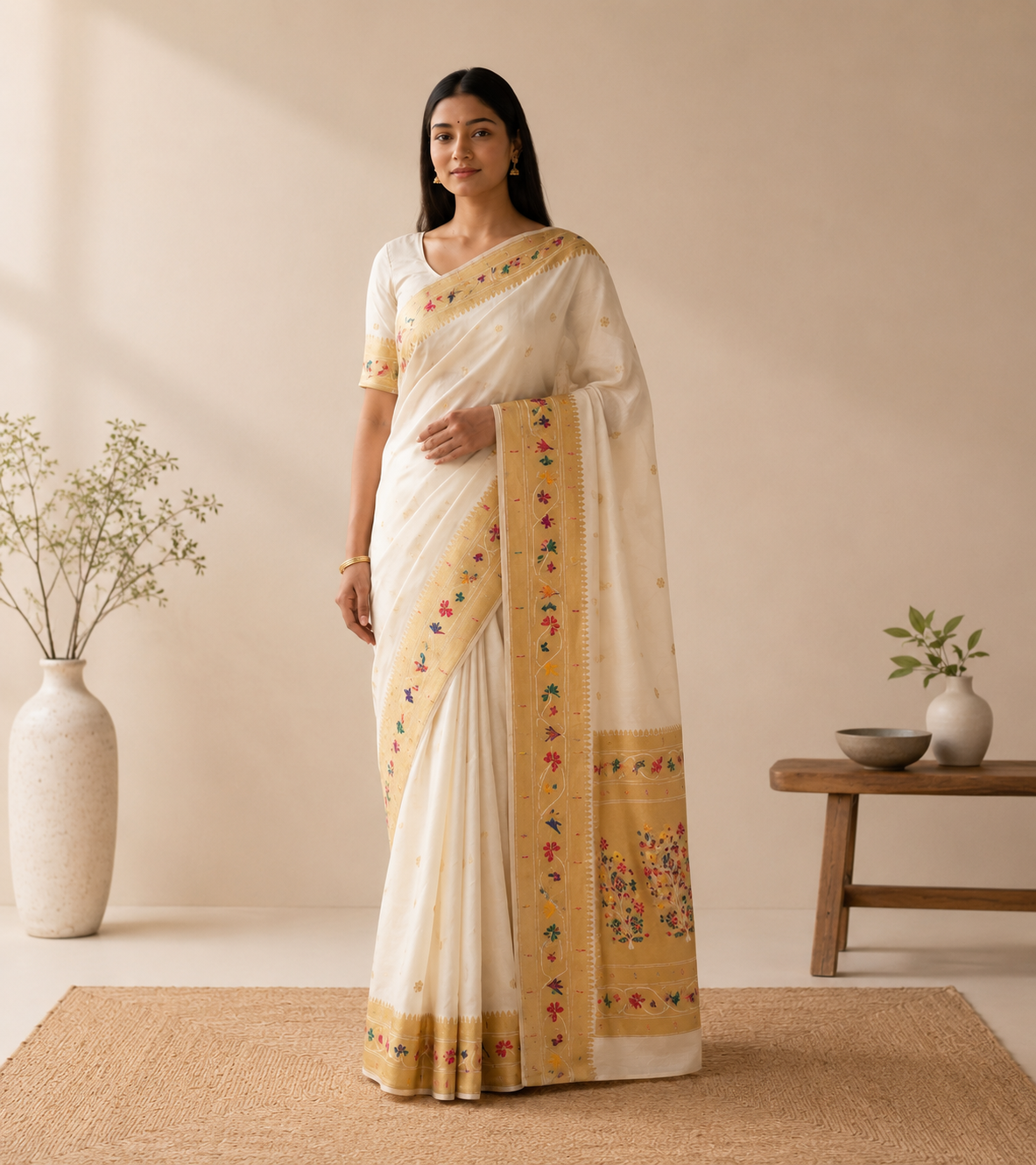Off White Paithani Viscose Silk Saree