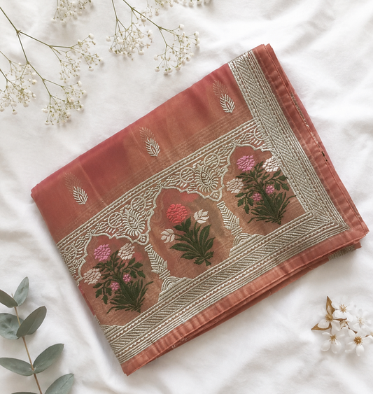 Peach Pink Tissue Organza Saree