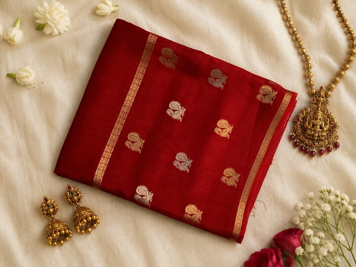 Red Mysore Crepe Silk Saree