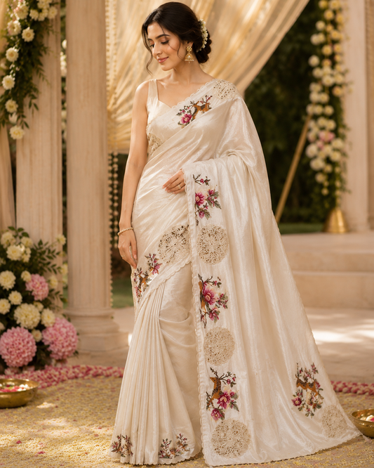 White Silk Embroidery Cutwork Saree