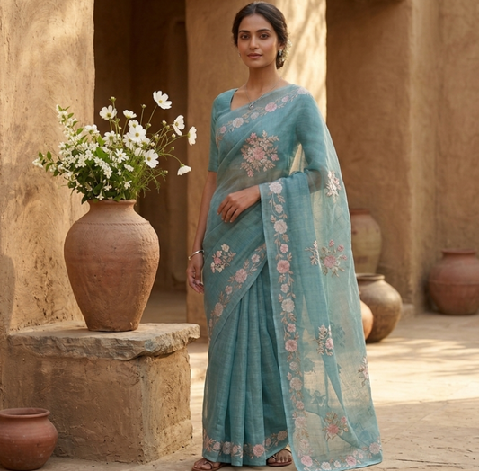 Blue Linen Ari work Saree