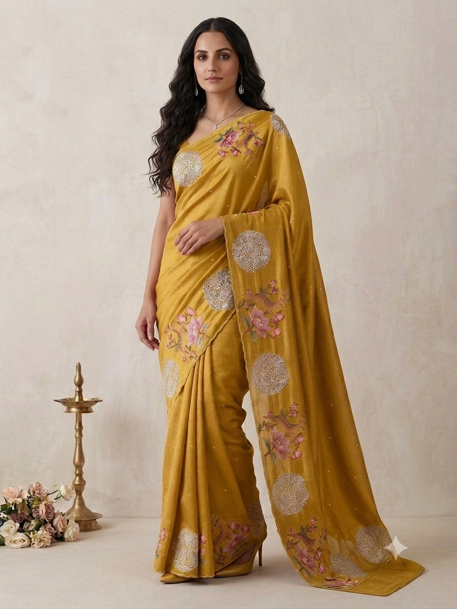 Yellow Silk Embroidery Cutwork Saree