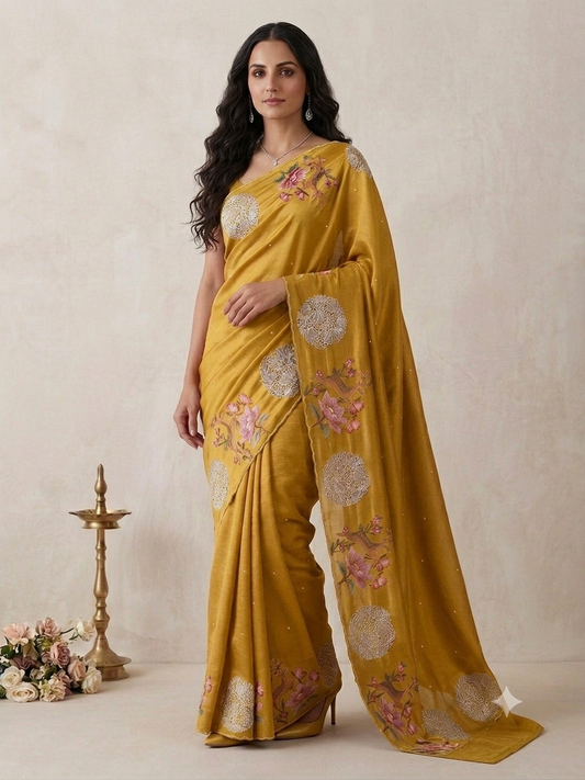 Yellow Silk Embroidery Cutwork Saree