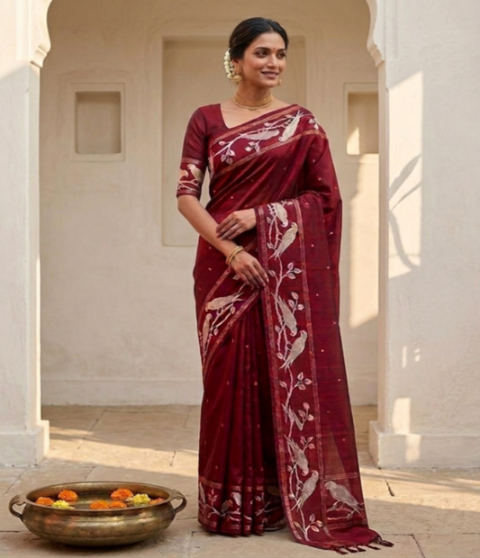 Tussar Silk Maroon Saree