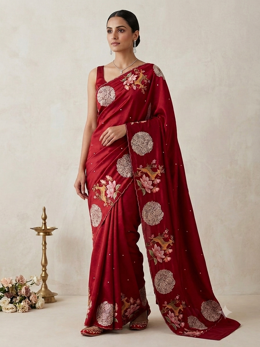 Silk Maroon Embroidery Cutwork Saree