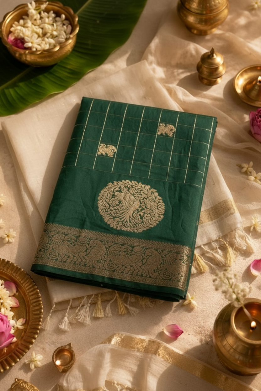 Emerald Green Semi Silk Saree