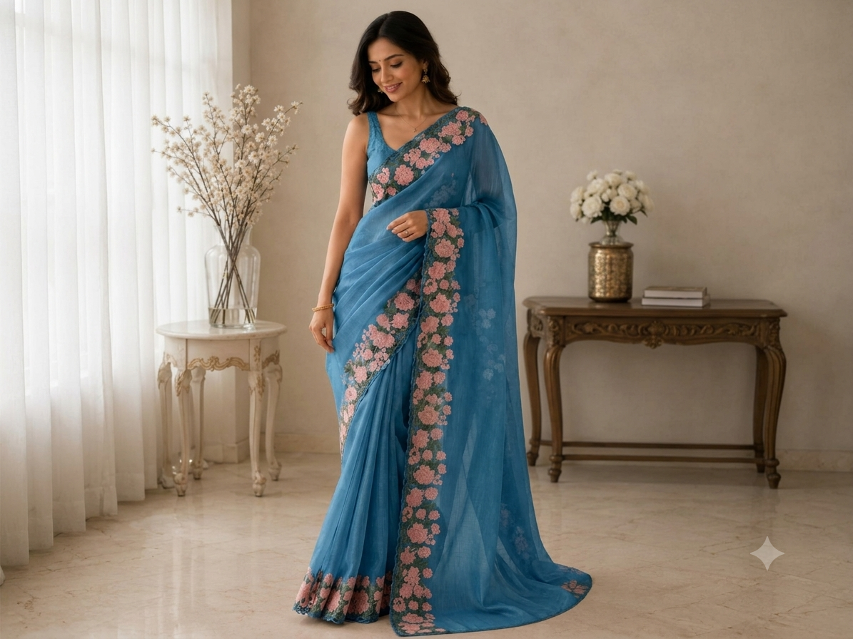 Blue Crushed Tissue Saree