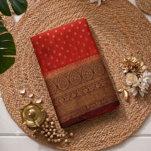 Rust Orange Semi Banarasi Crepe Saree