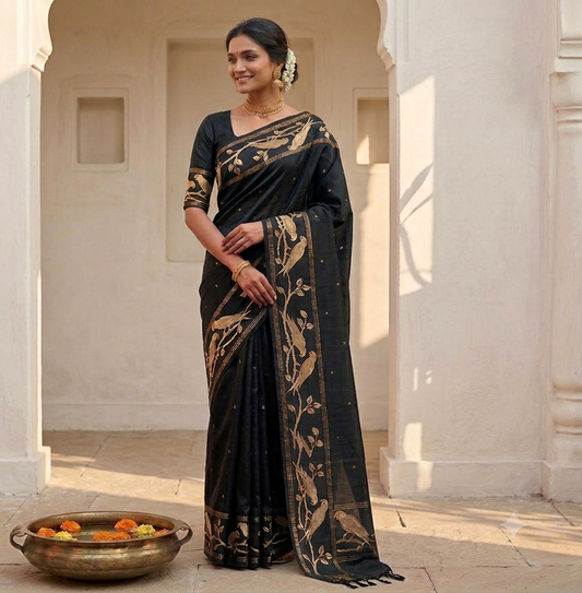 Tussar Silk Black Saree