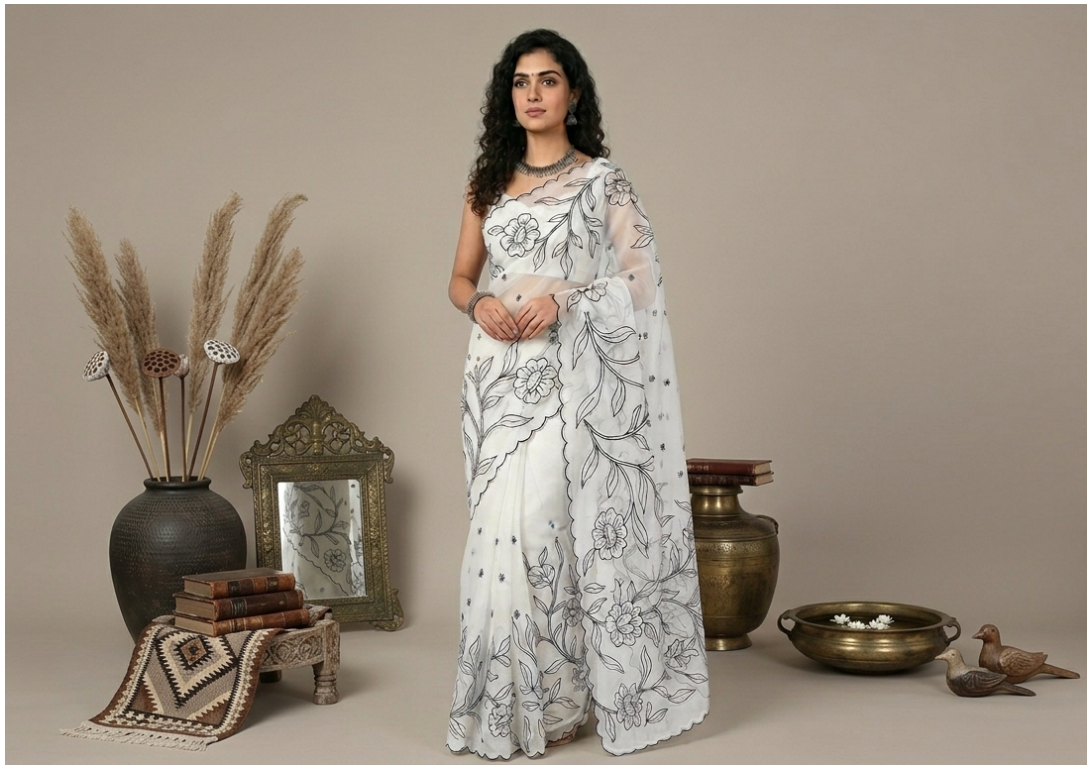 White Tissue Organza Appliqué Saree