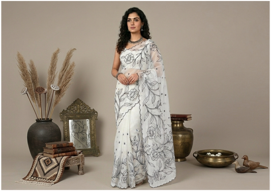 White Tissue Organza Appliqué Saree
