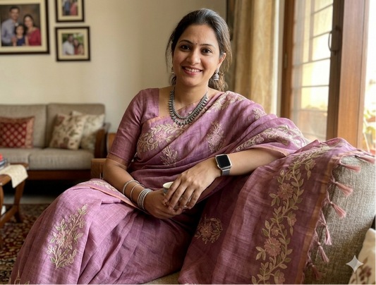 Pink Linen Ari Work Saree