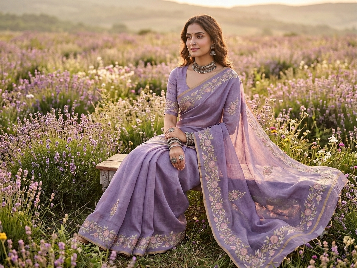 lavender Linen Ari work Saree
