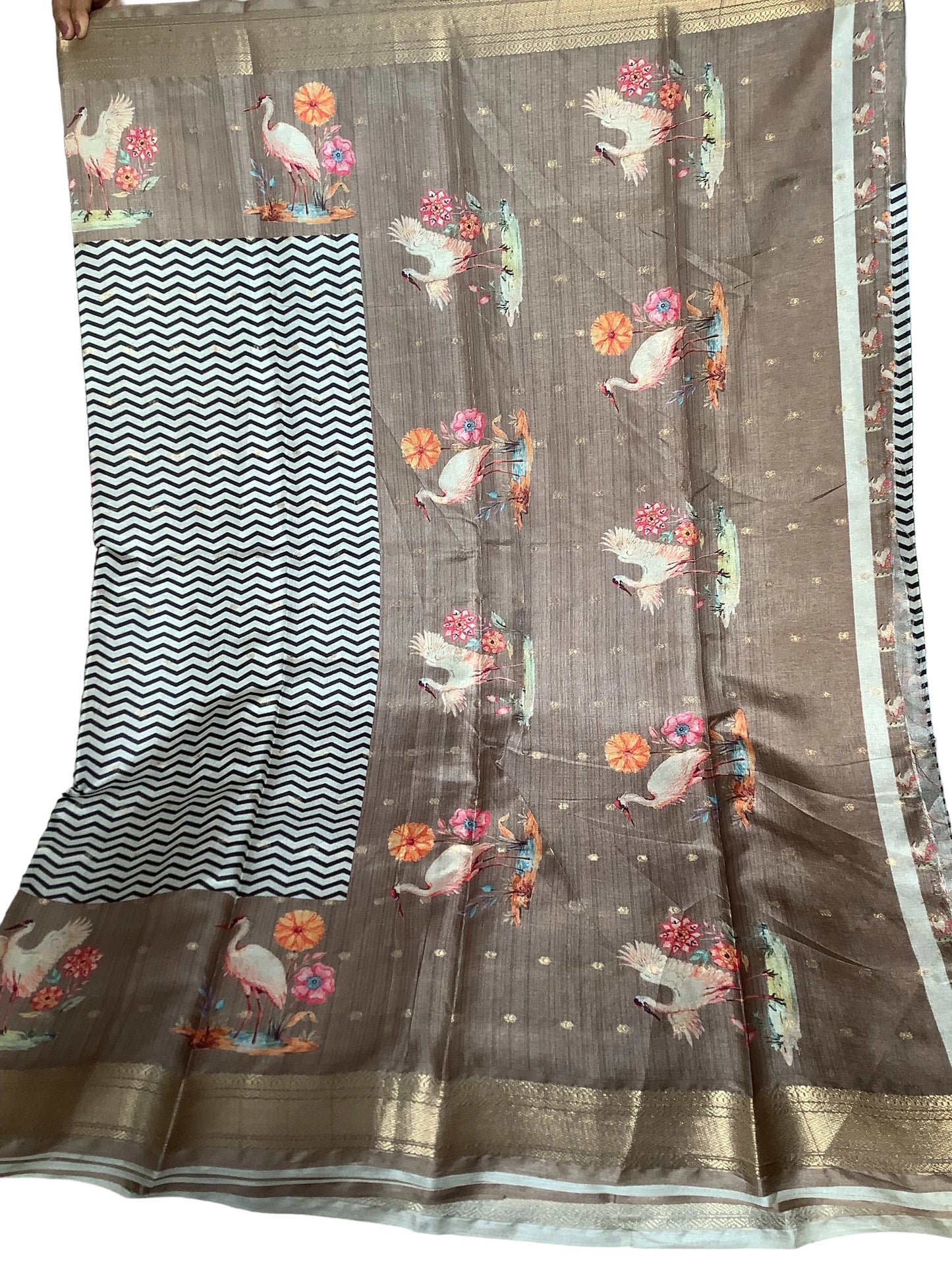Black Digital Print Brown Border Saree