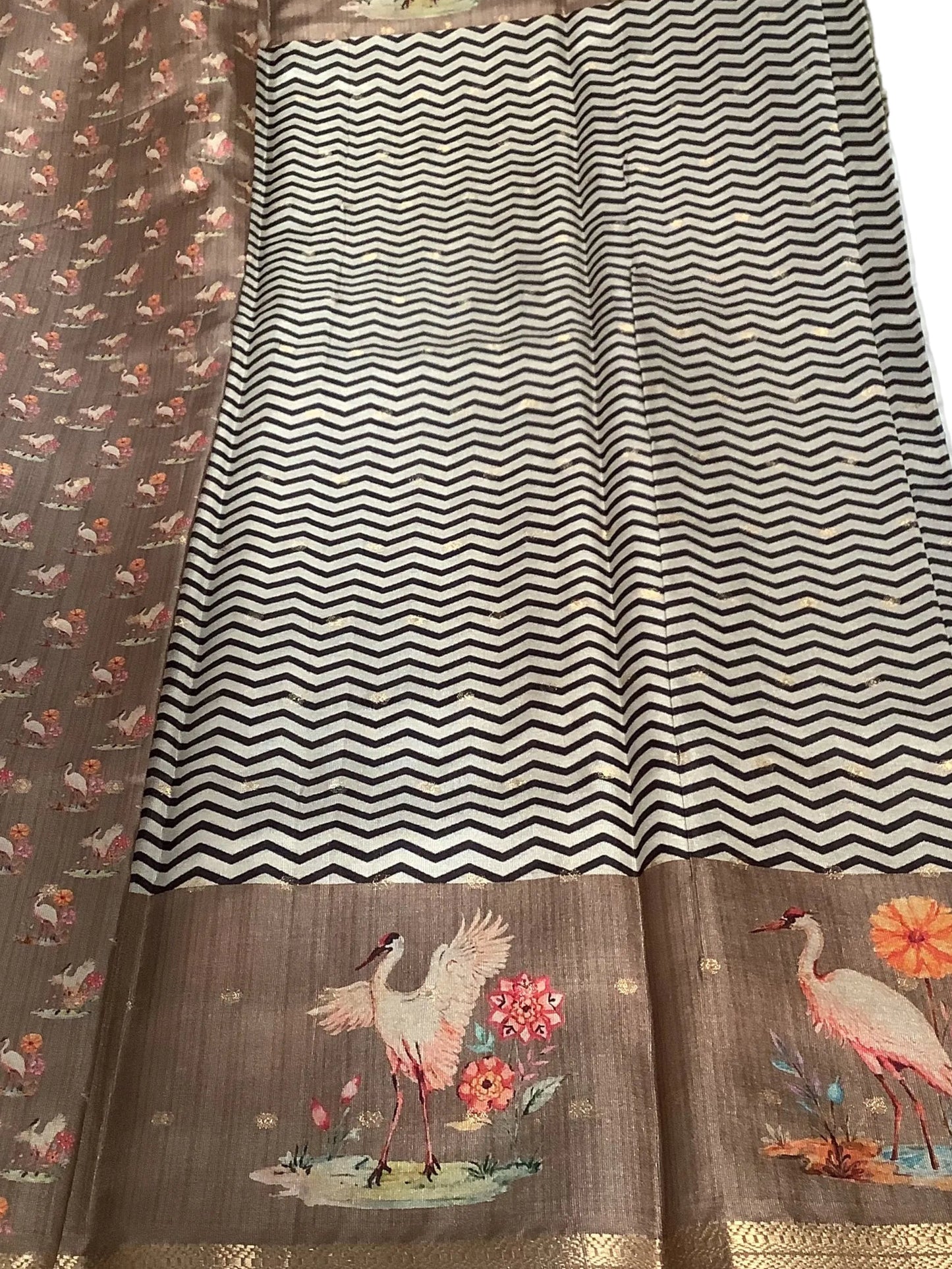 Black Digital Print Brown Border Saree