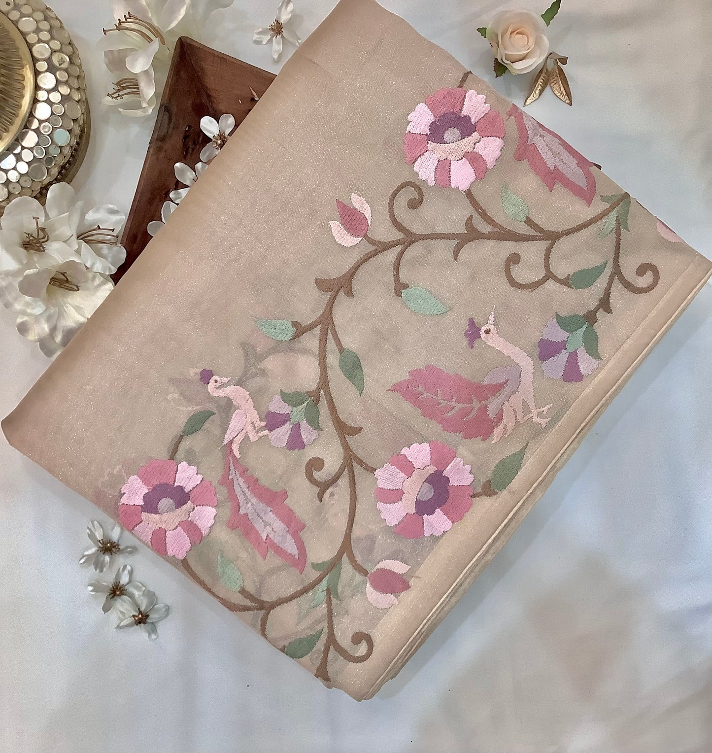 Champange Pure Silk Tissue Organza Saree