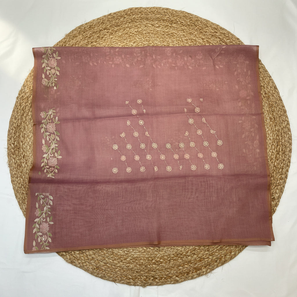Pink Linen Ari Work Saree