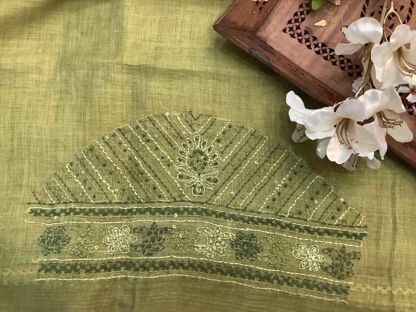 Green Pure Linen Chikankari Saree