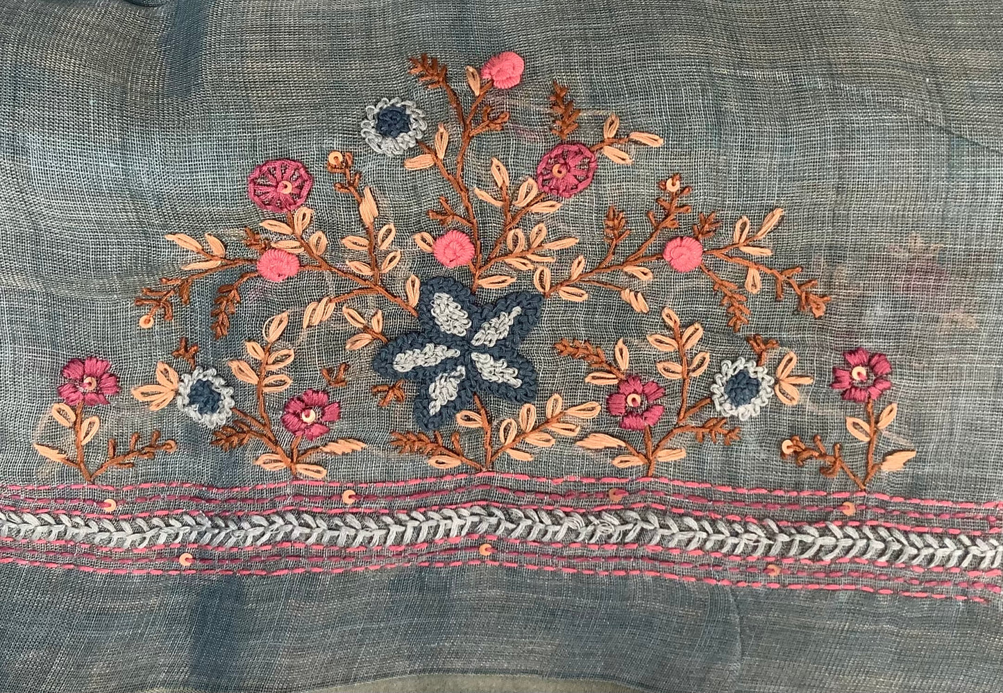 Blue Linen Heavy Embroided Saree