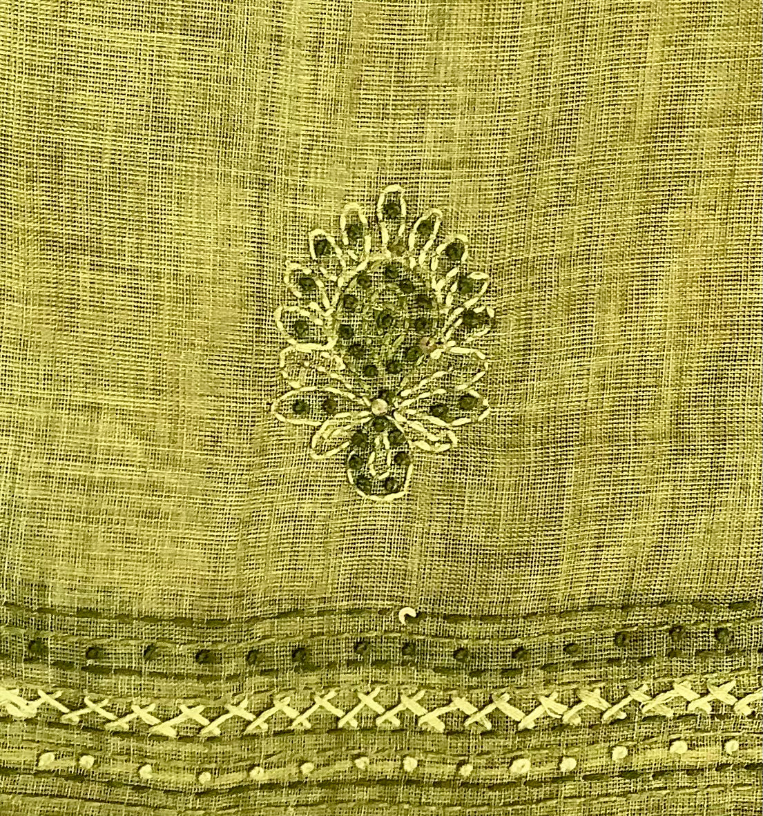 Green Pure Linen Chikankari Saree