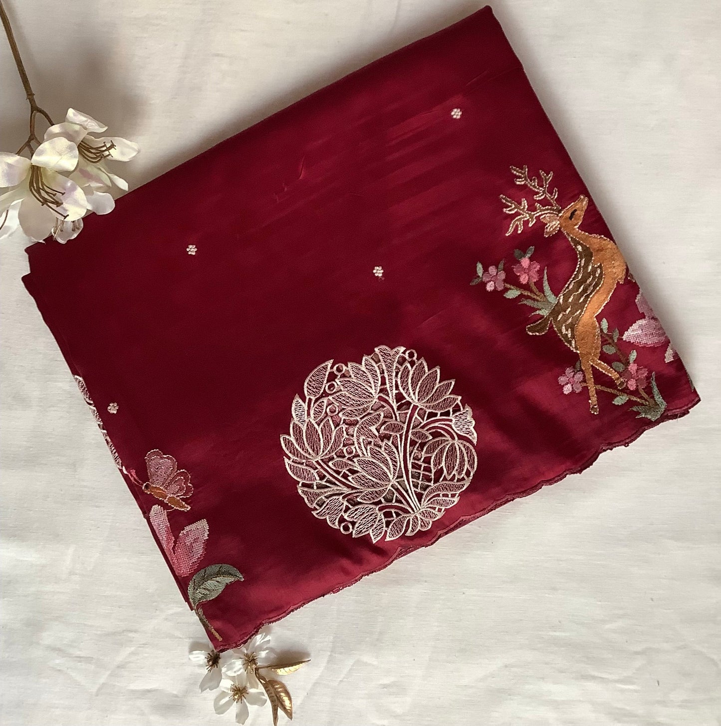 Silk Maroon Embroidery Cutwork Saree