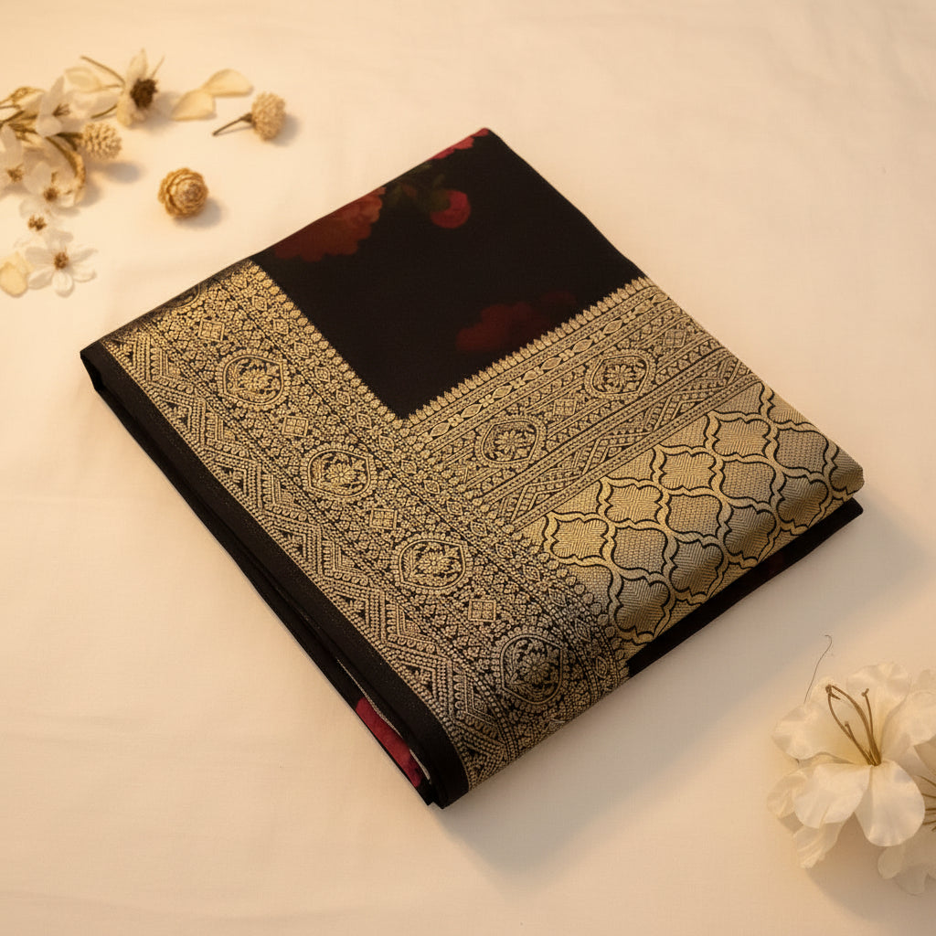Black Floral Banarasi Crepe Saree