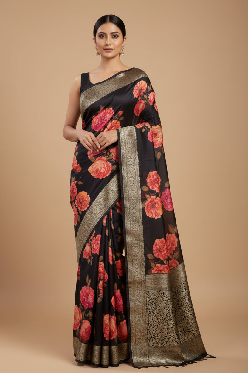 Black Floral Banarasi Crepe Saree