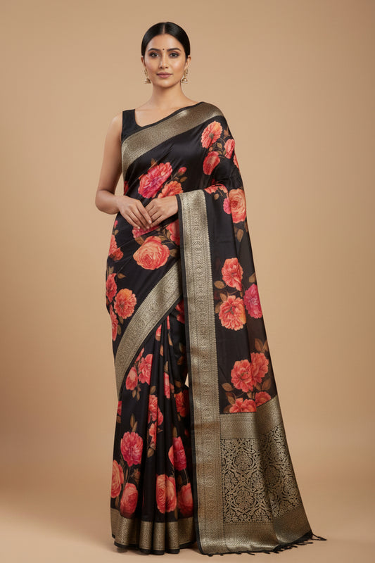 Black Floral Banarasi Crepe Saree