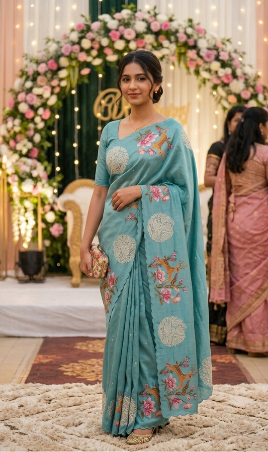 Blue Pure Silk Embroidery Cutwork Saree