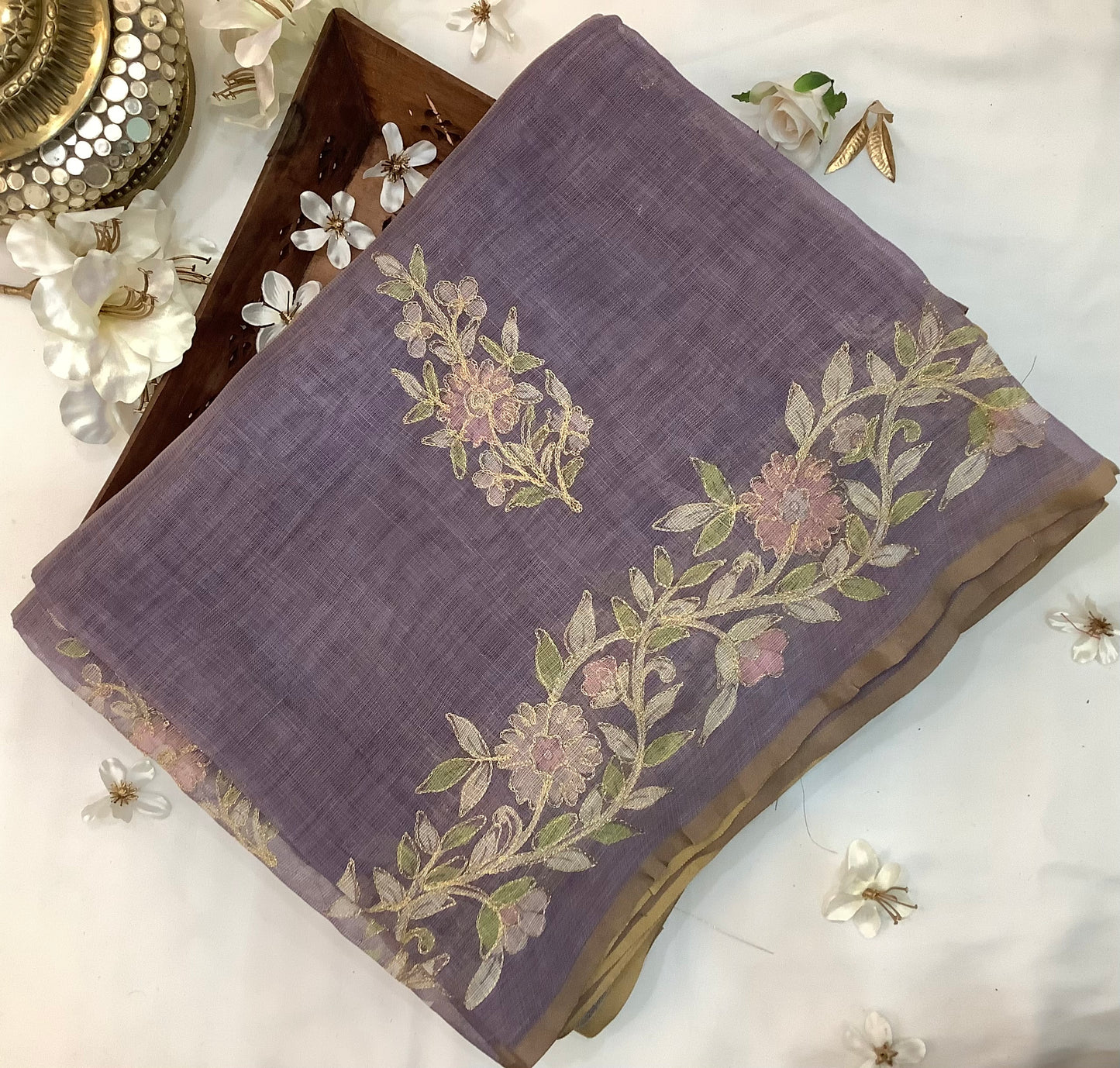 lavender Linen Ari work Saree
