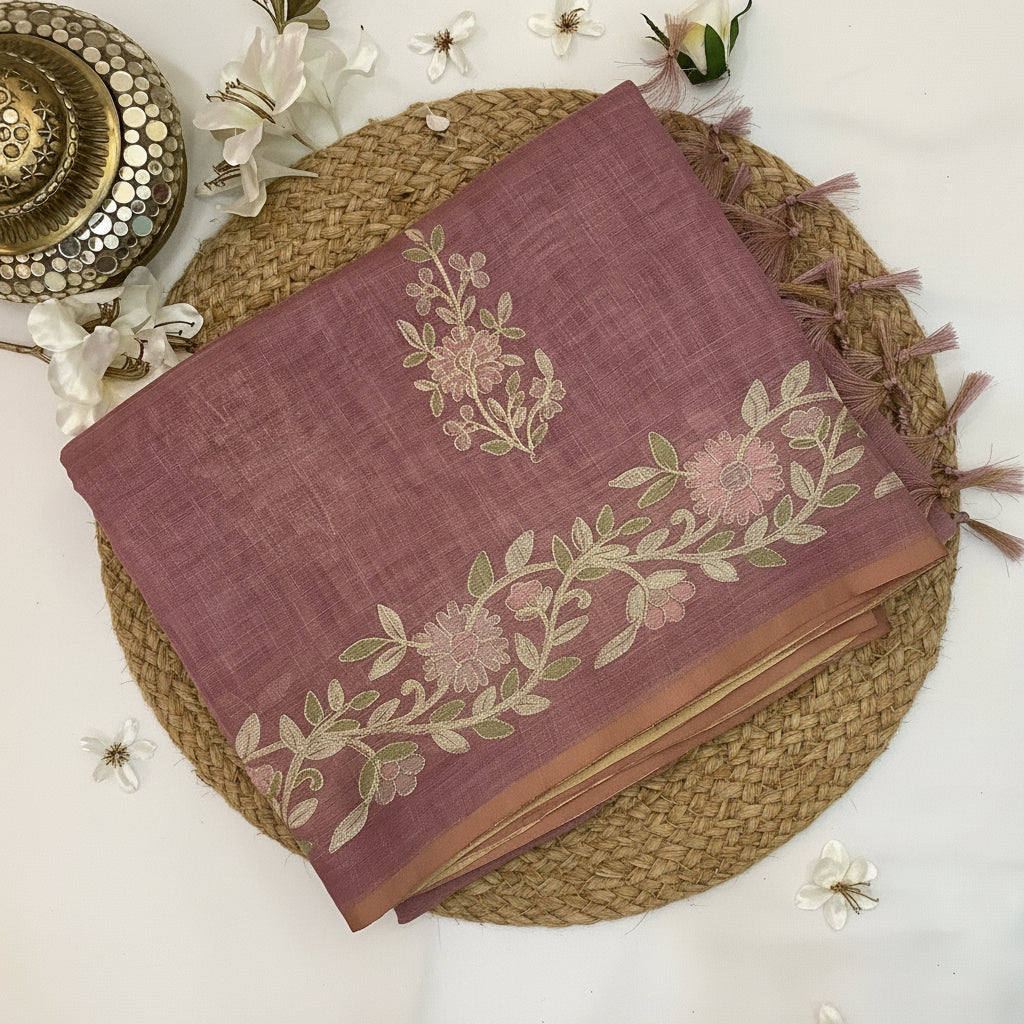Pink Linen Ari Work Saree