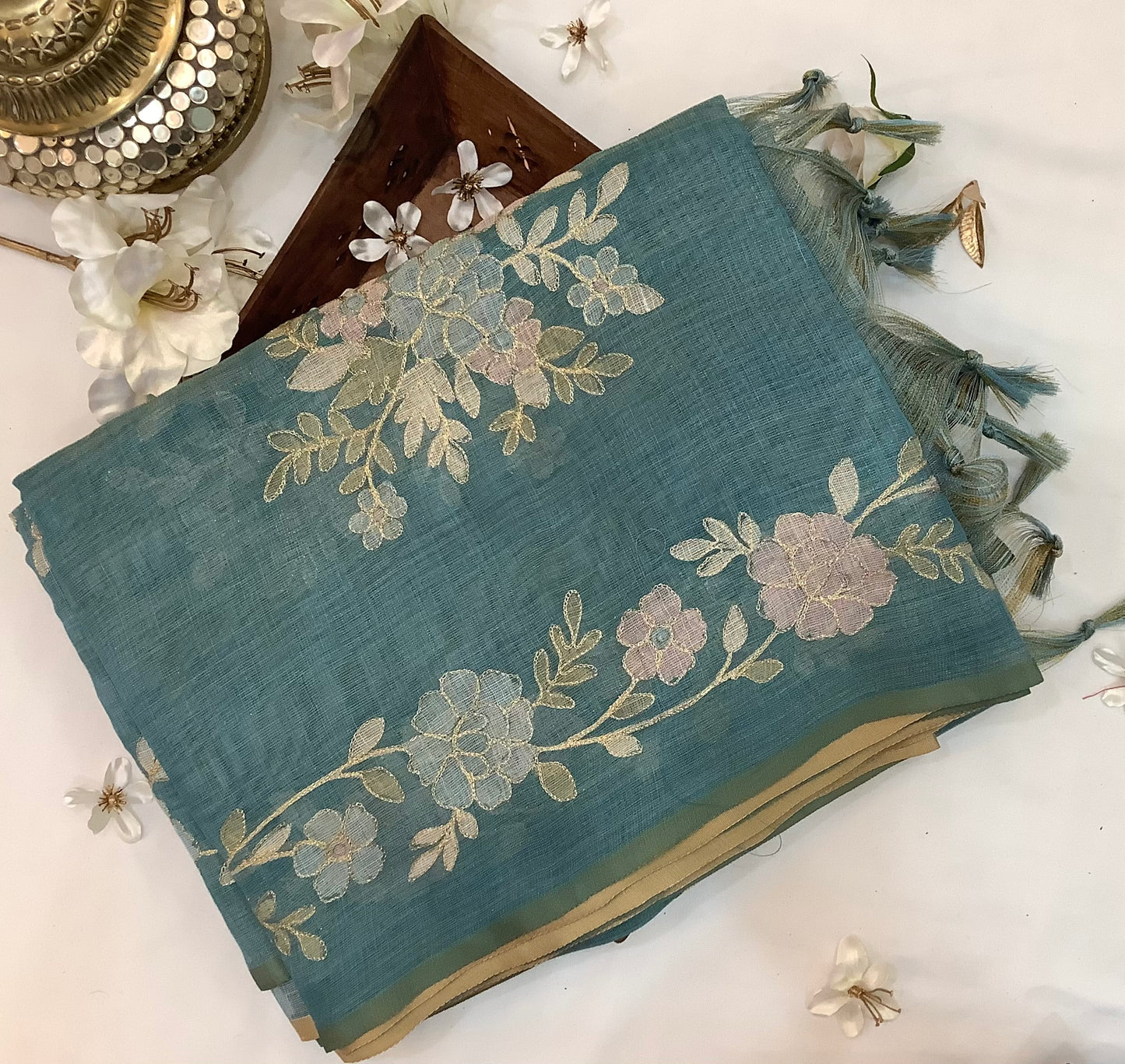 Blue Linen Ari work Saree