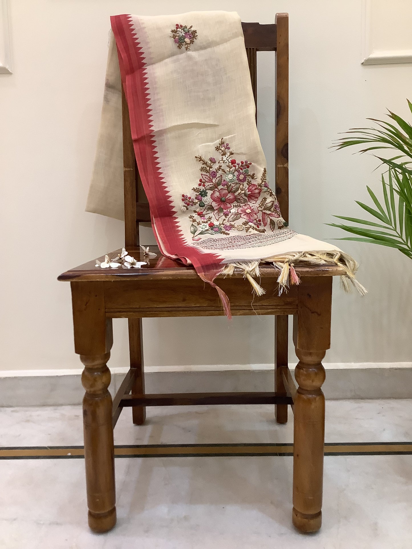 Brick Red Pure Linen Embroided Saree