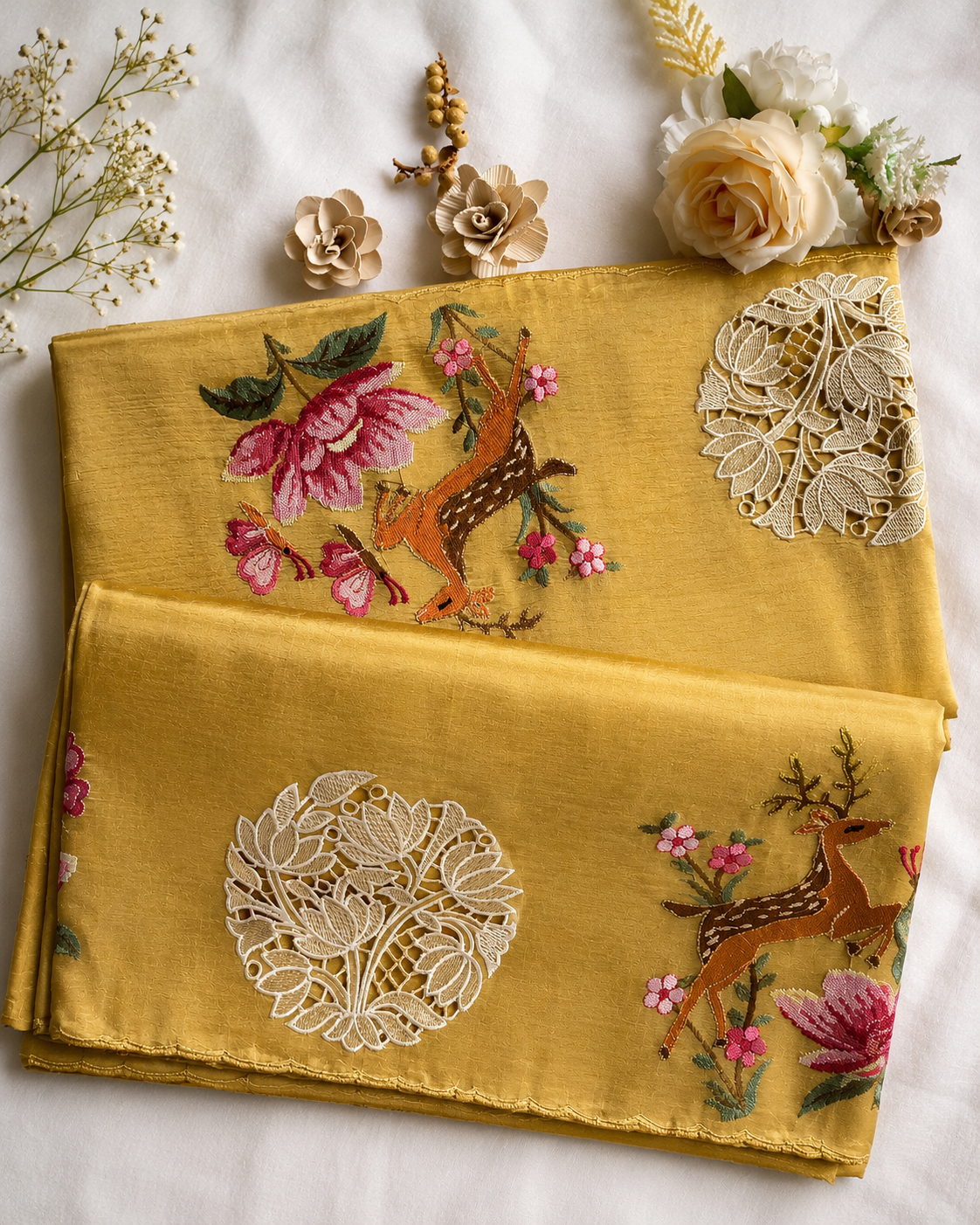 Yellow Silk Embroidery Cutwork Saree