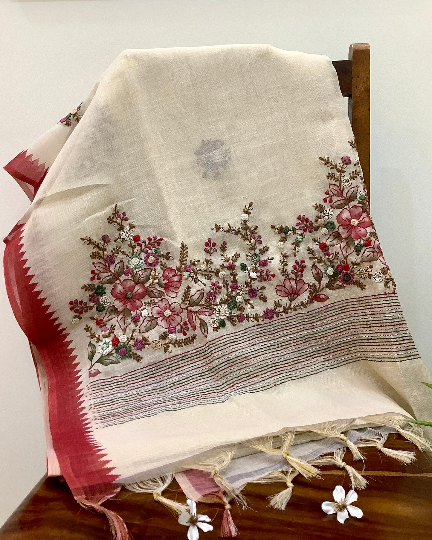 Brick Red Pure Linen Embroided Saree