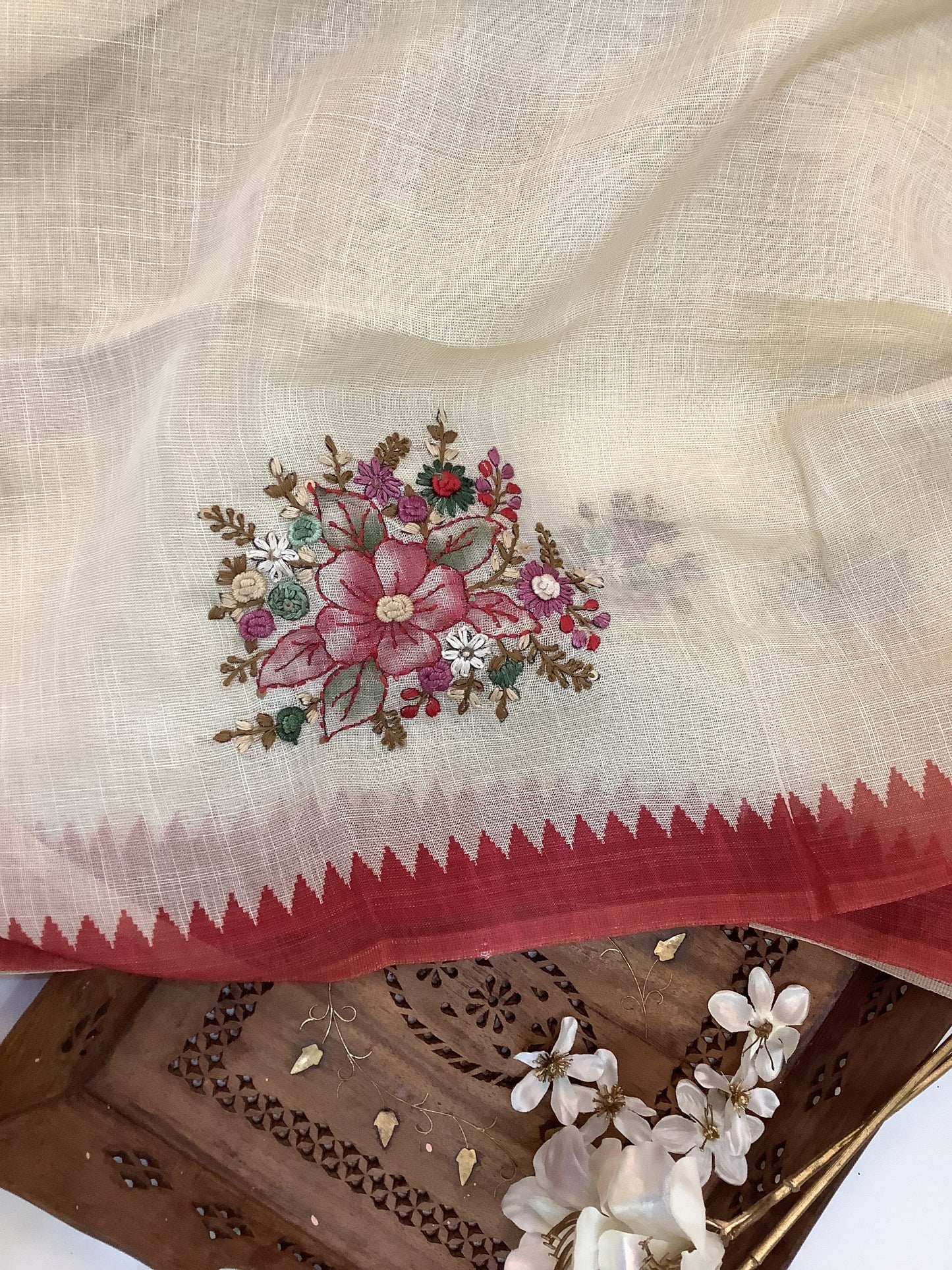 Brick Red Pure Linen Embroided Saree