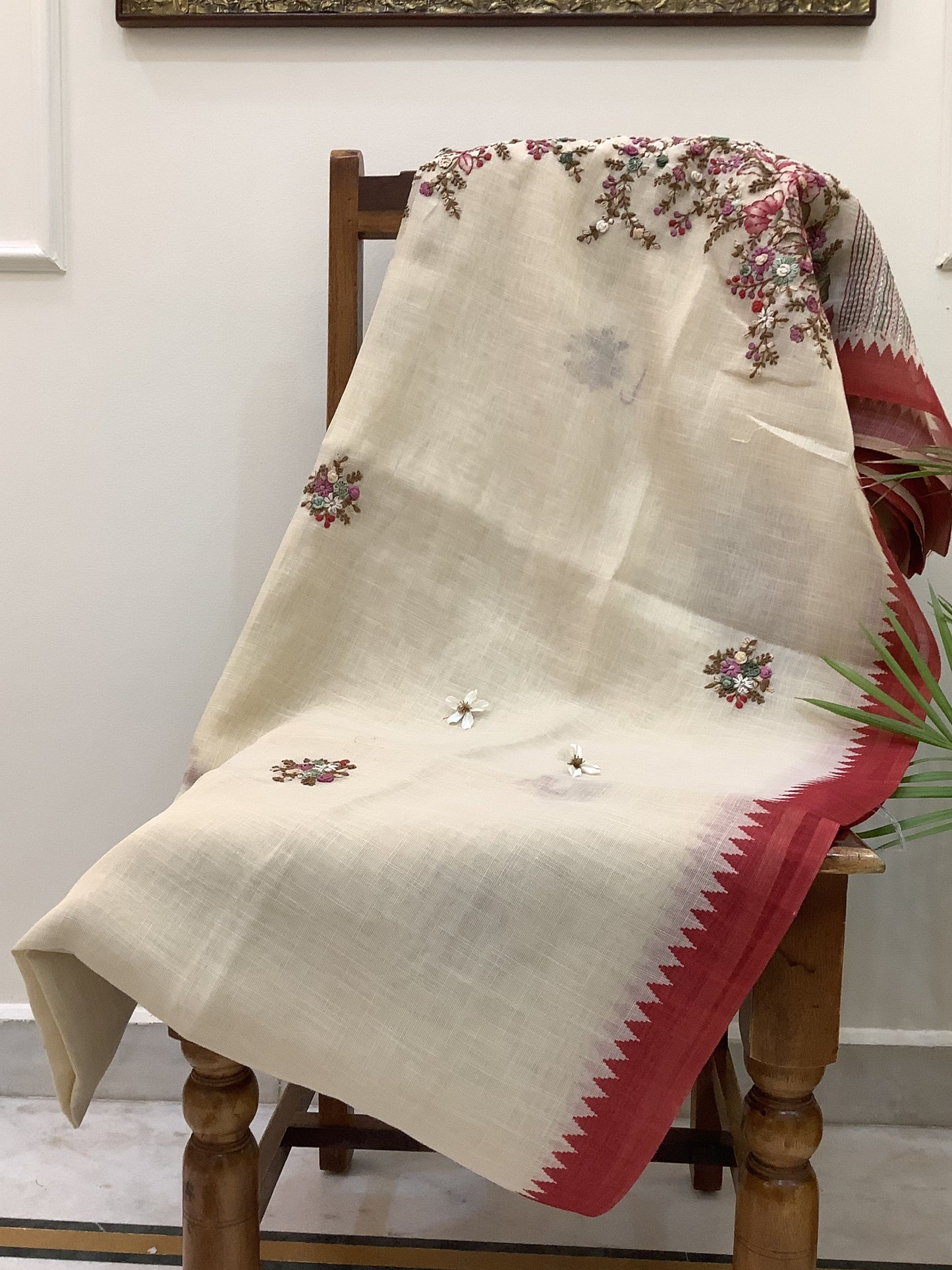 Brick Red Pure Linen Embroided Saree