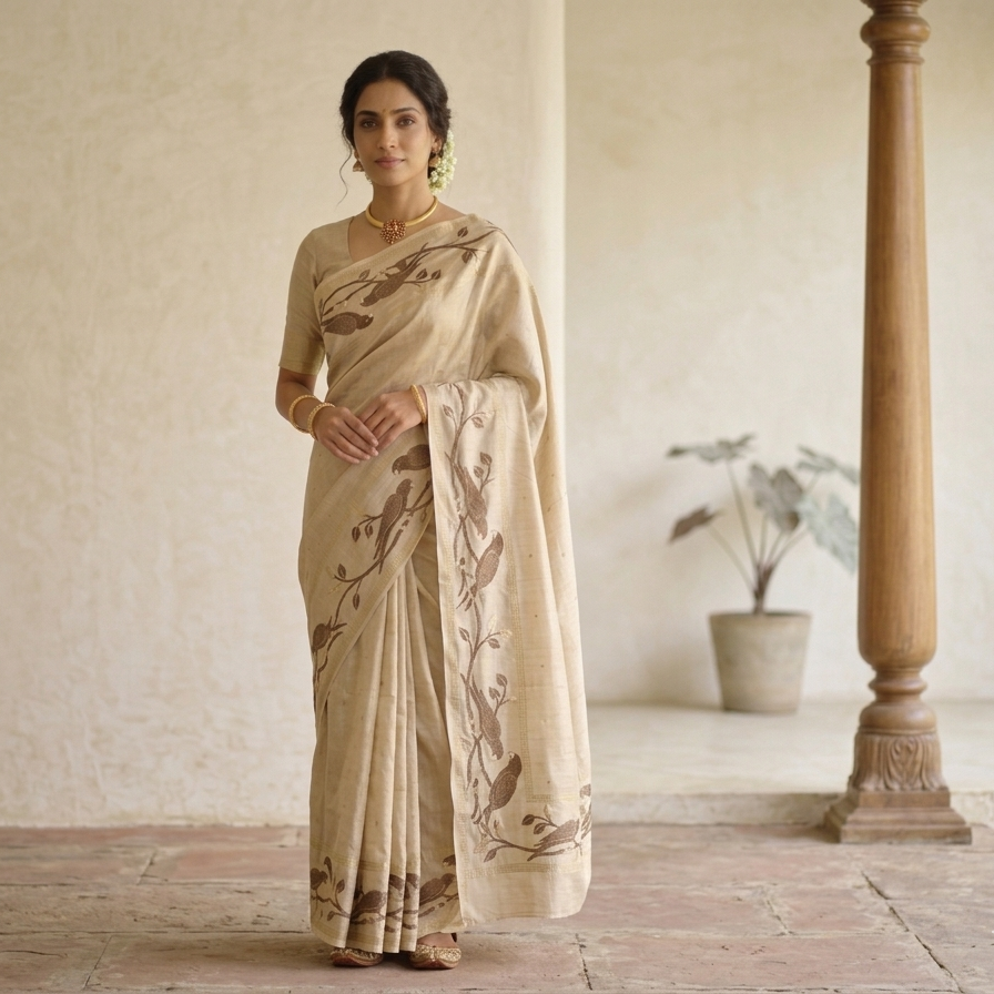 Tussar Silk White Saree