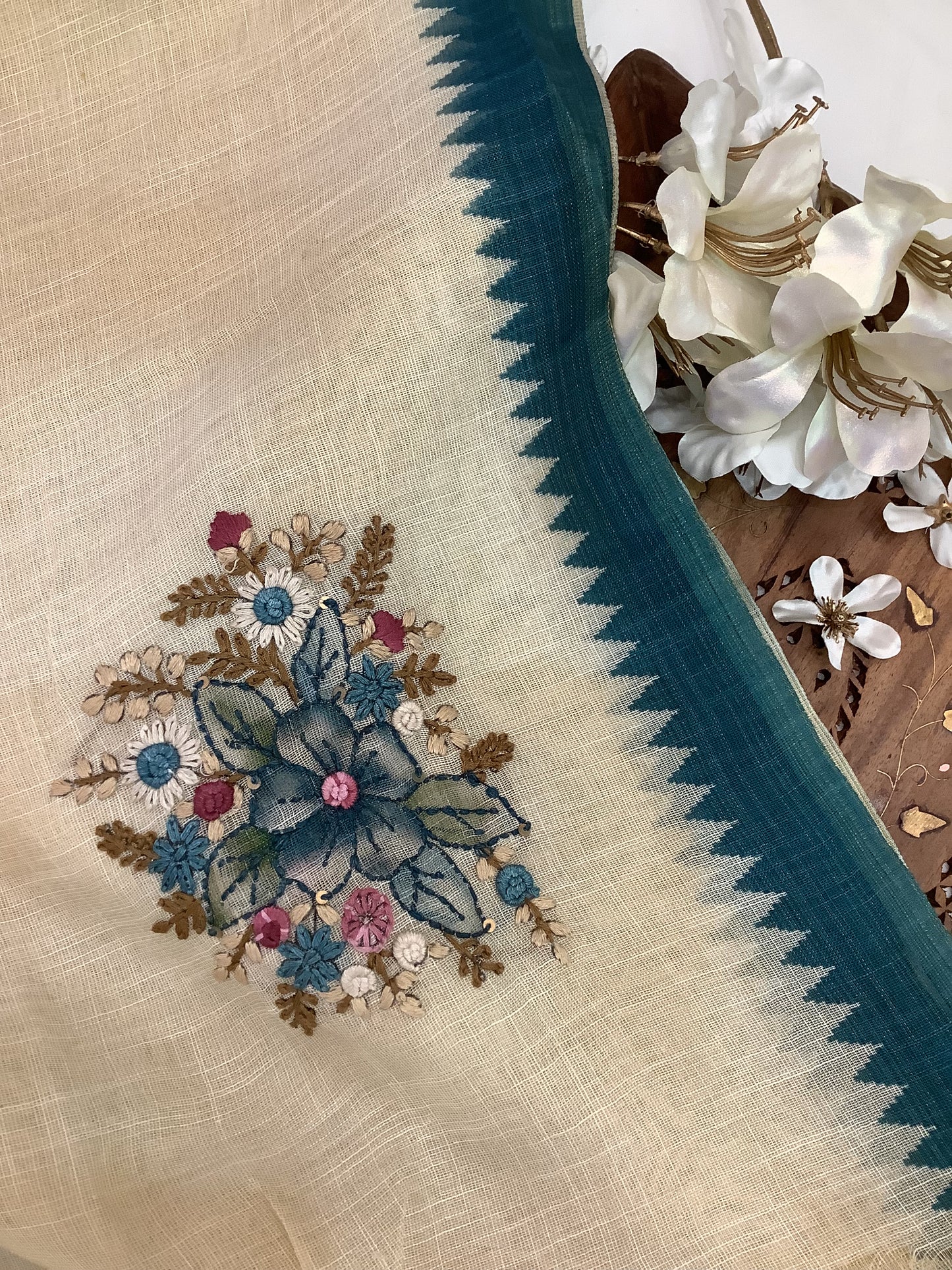 Teal Blue Pure Linen Embroided Saree