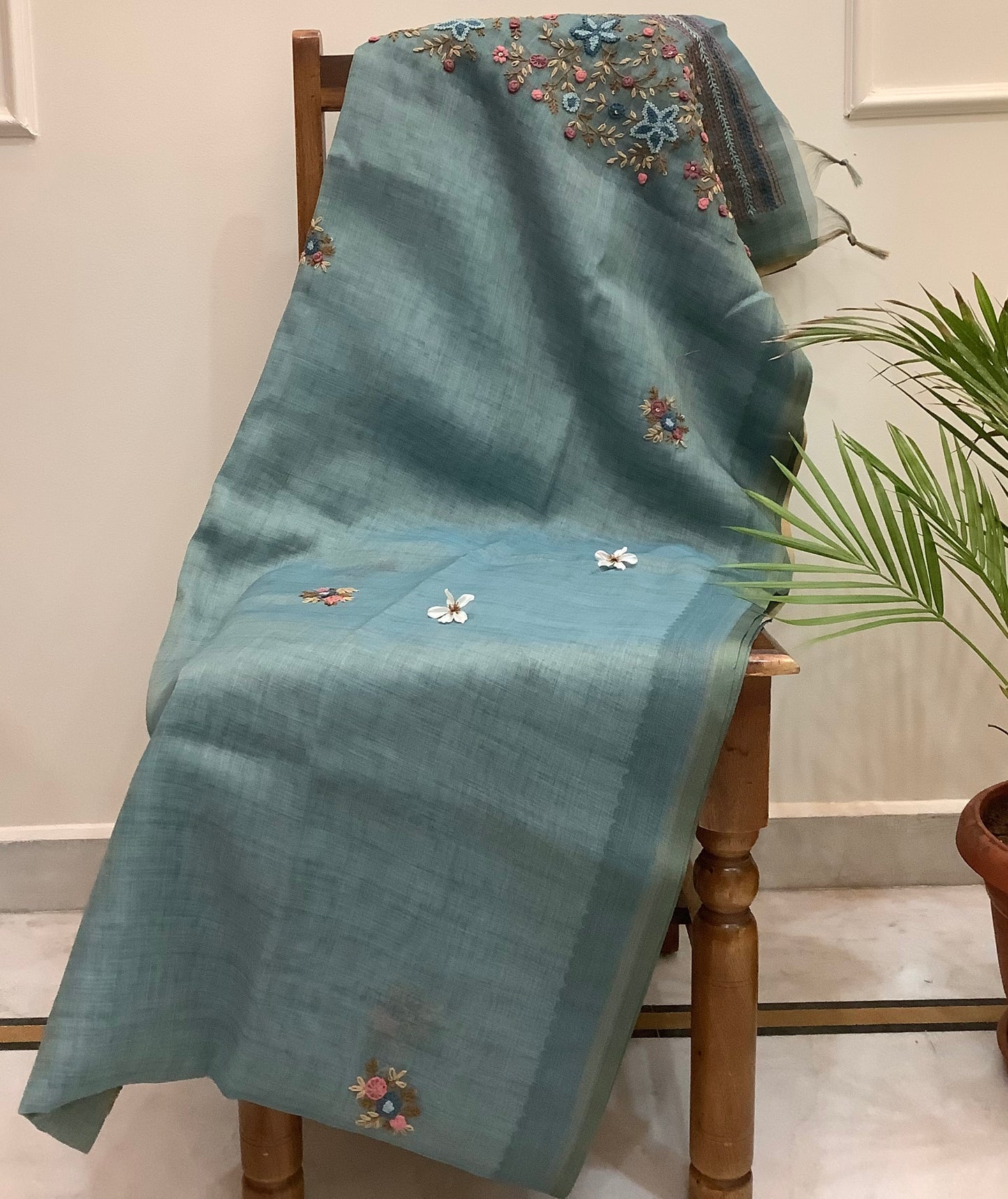 Blue Linen Heavy Embroided Saree