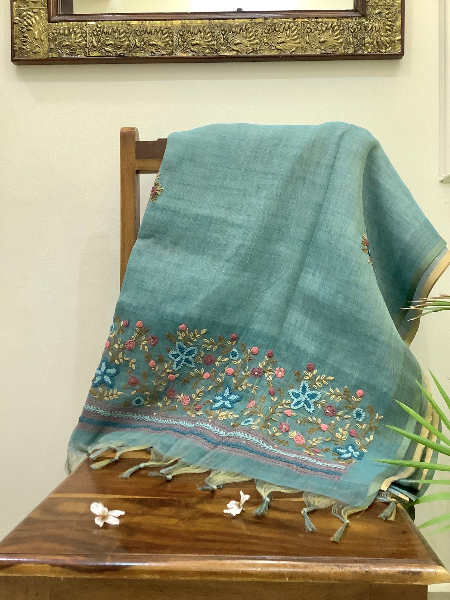 Blue Linen Heavy Embroided Saree