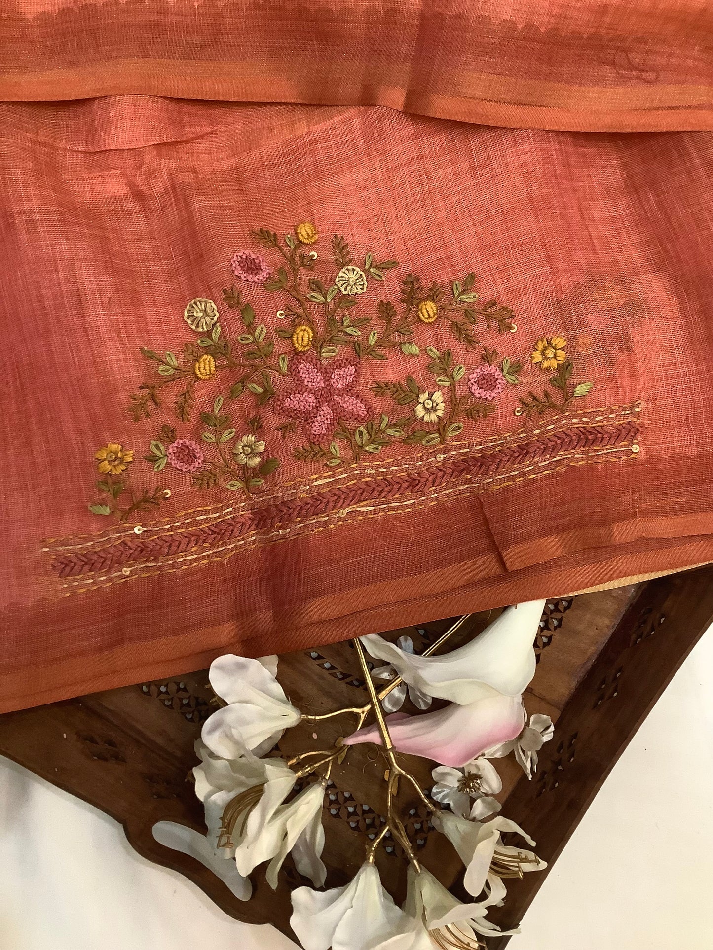 Peach Orange Heavy Embroided Saree