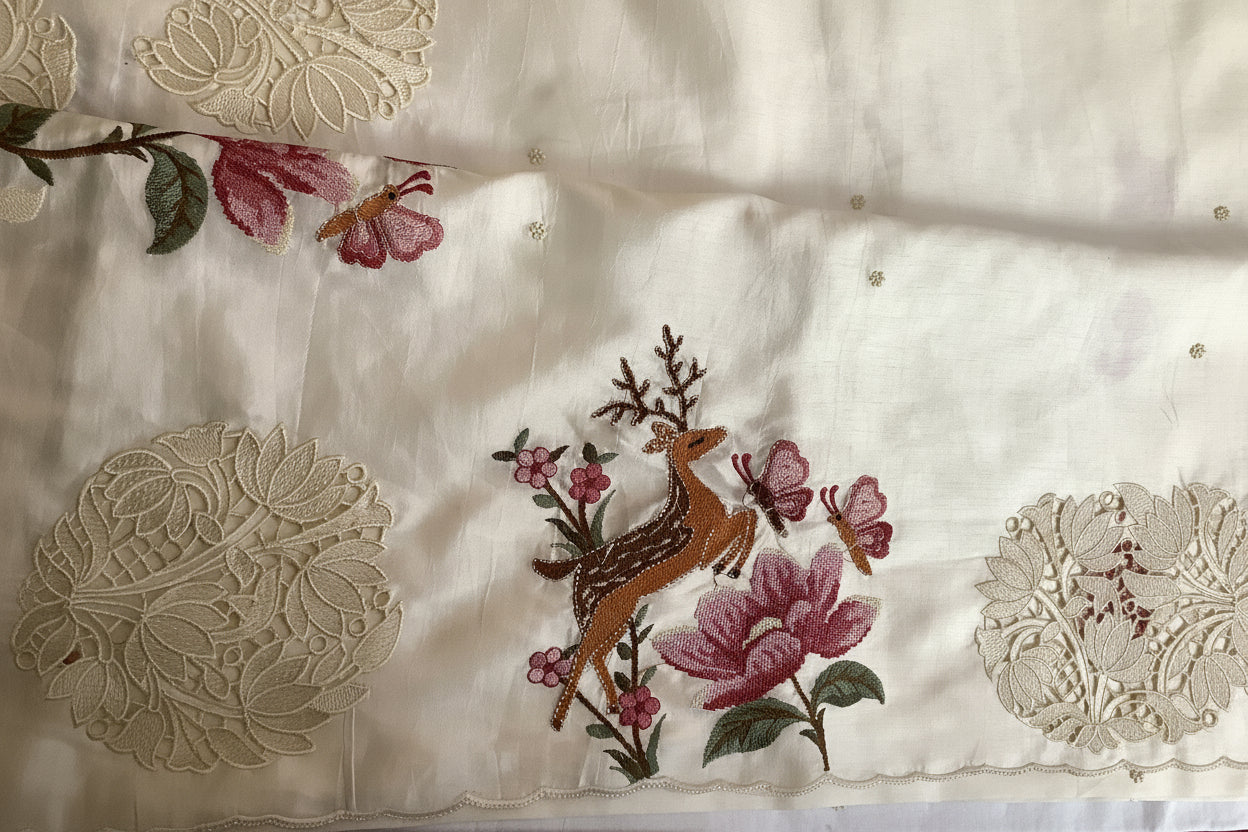 White Silk Embroidery Cutwork Saree
