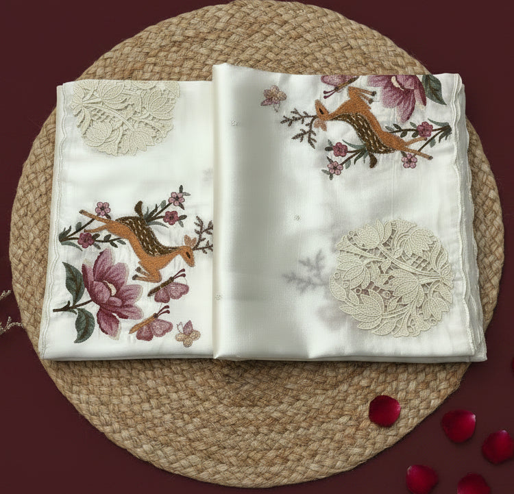 White Silk Embroidery Cutwork Saree