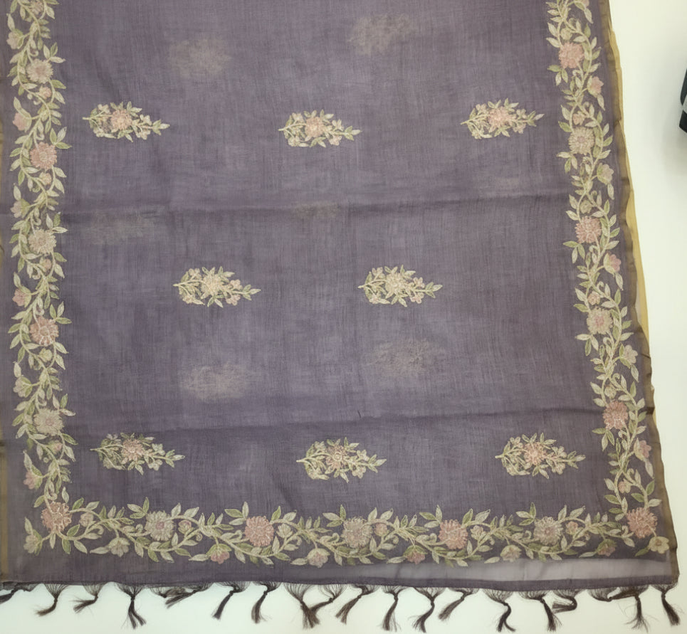 lavender Linen Ari work Saree